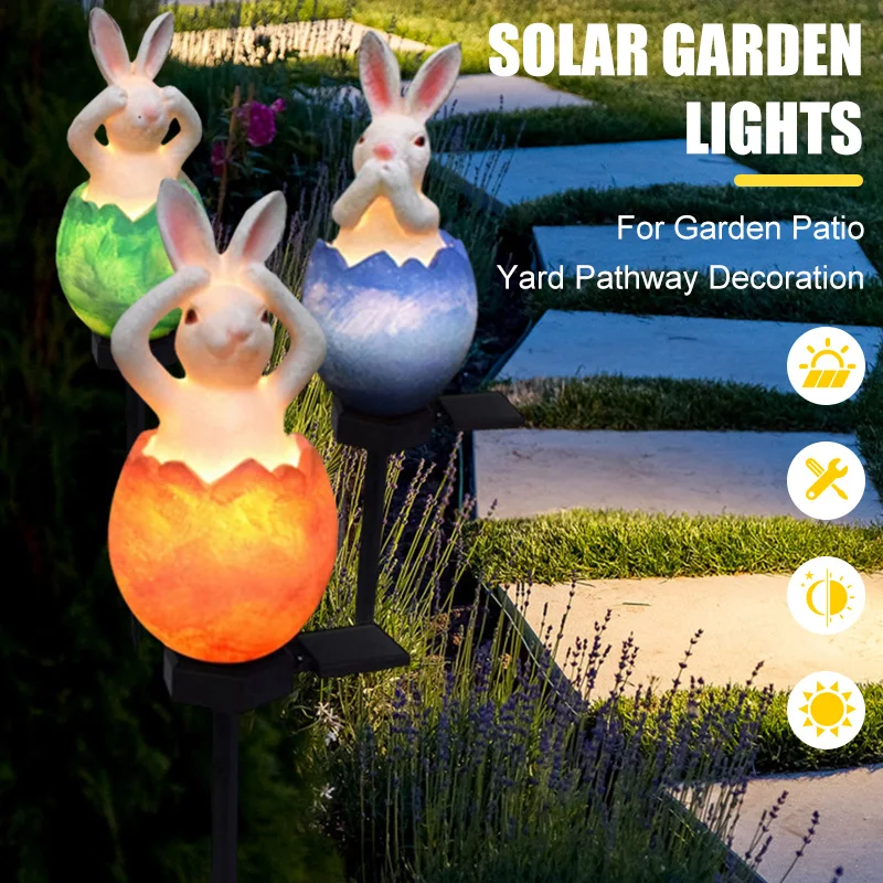 

E2 LED Solar Rabbit Cat Squirrel Figurine Ground Inserted Lights Resin Rabbit Eggshell Lamps Courtyard Garden Villa Lawn Decor