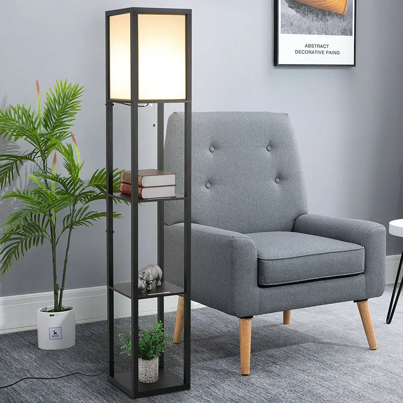 

Hot Selling Living Room Corner Standing Wood Shelf Wooden Floor Lamp With Shelves USB Ports And Power Outlet