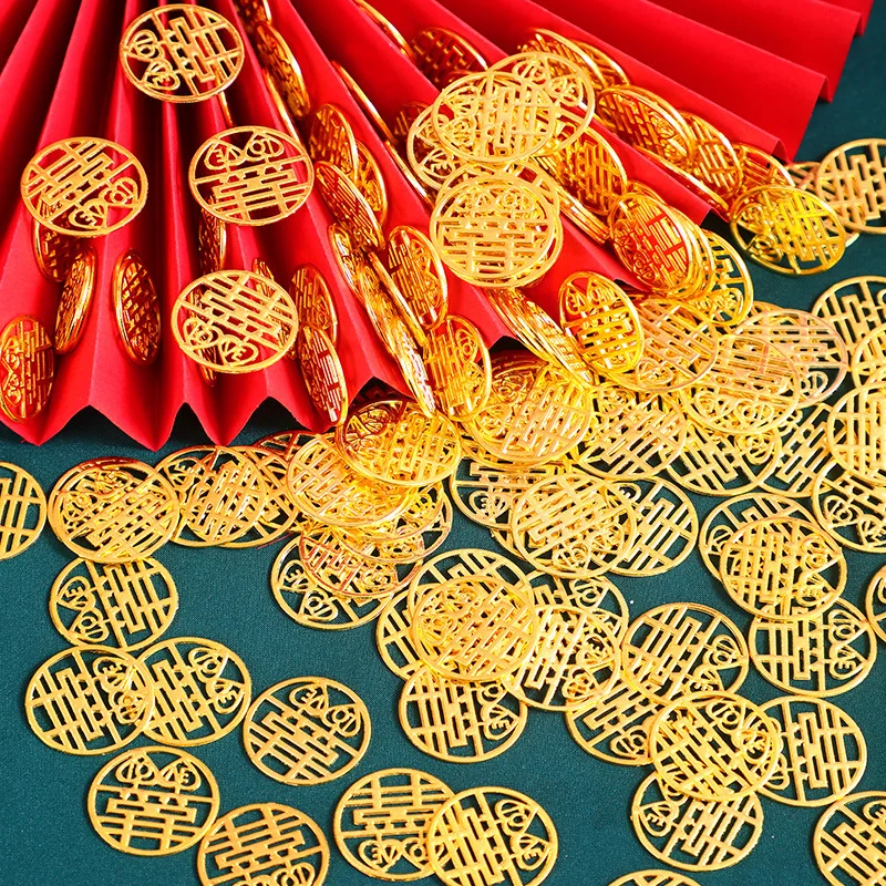 

50pcs Mini Double Metal Happiness Love Coin Chinese Traditional Wedding Confetti Banquet Party Supplies Marriage Room Decoration