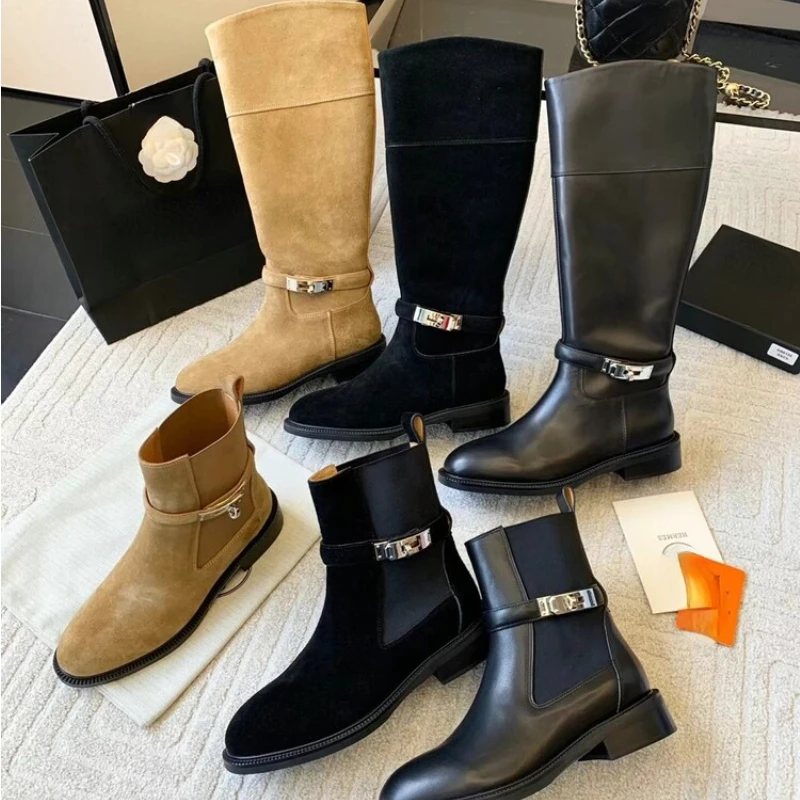 

Женские Классические черные сапоги до колена, мотоциклетная обувь на плоской подошве, большой размер 42 43, для осени и зимы, 2023