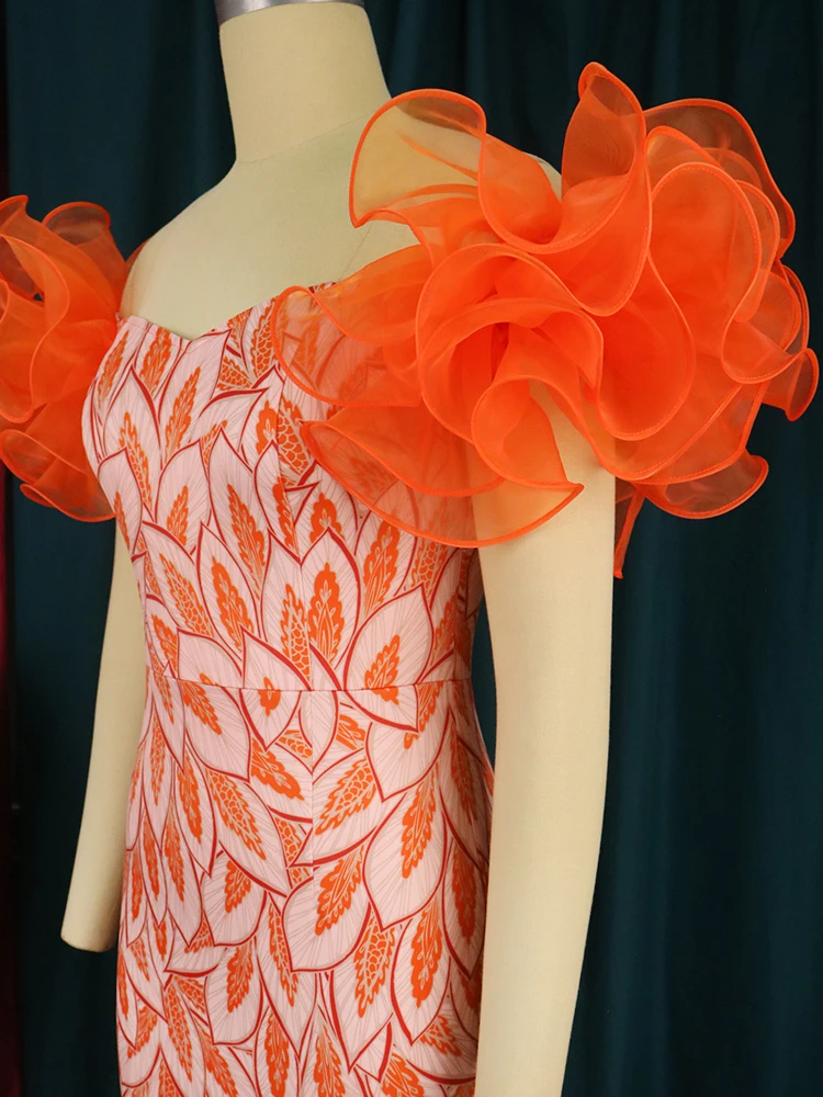 2023 New in Women Summer Printed Midi Dresses Formal Bare Shoulder Puffy Flare Leaf Stretch Sexy Evening Party Pencil Dresses