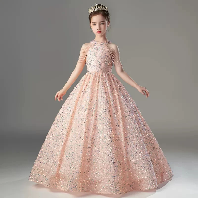 Little Girls Sparkle Sequin Party Gown Teen Girls Cold Shoudler Long Formal Evening Cocktail Dress Kids Banquet Pageant Dresses