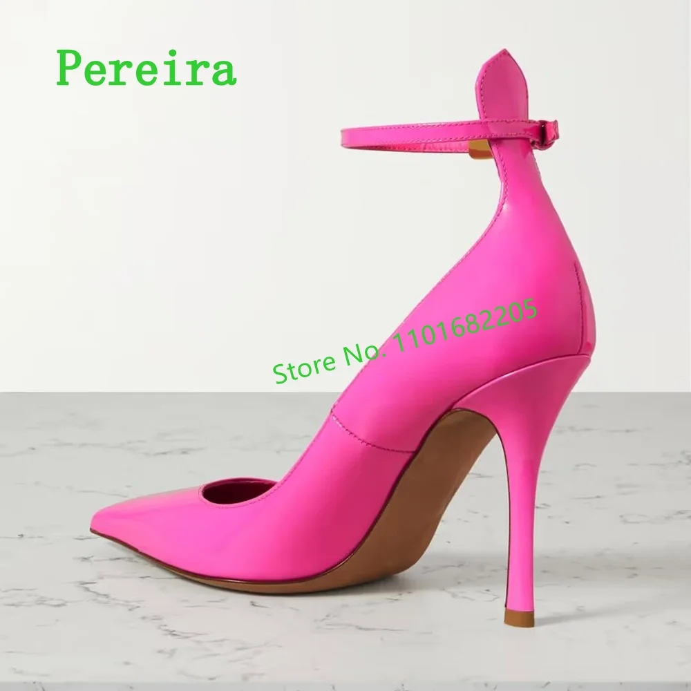 Rose Red Stiletto Pumps Solid Pointed Toe Ankle Strap Buckle Patent Leather Women's Sexy Party Commute Shoes for Free Shipping