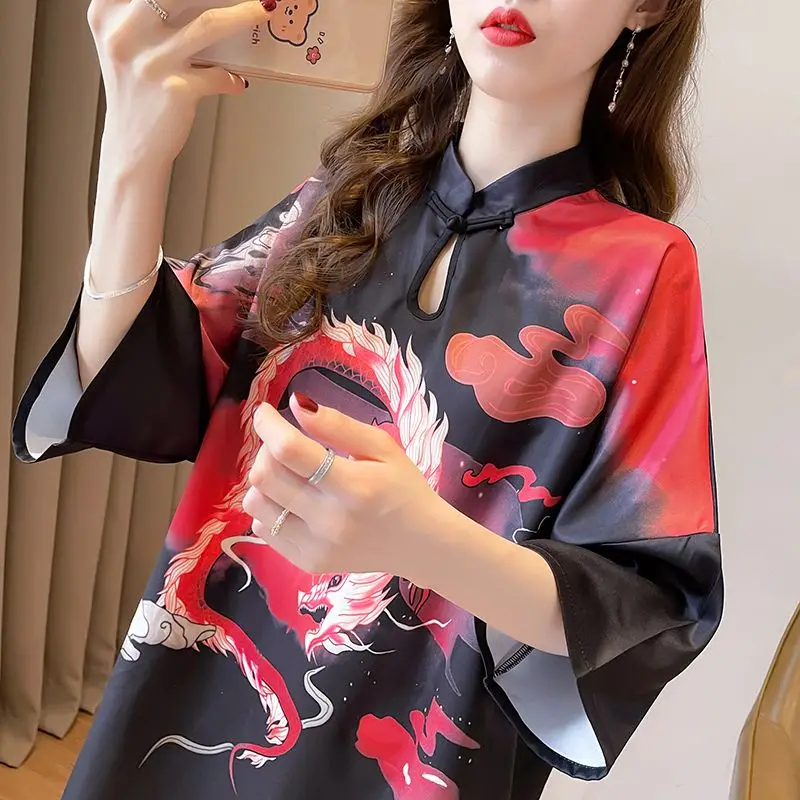 Модные пуловеры в китайском стиле винтажная Женская одежда с коротким рукавом