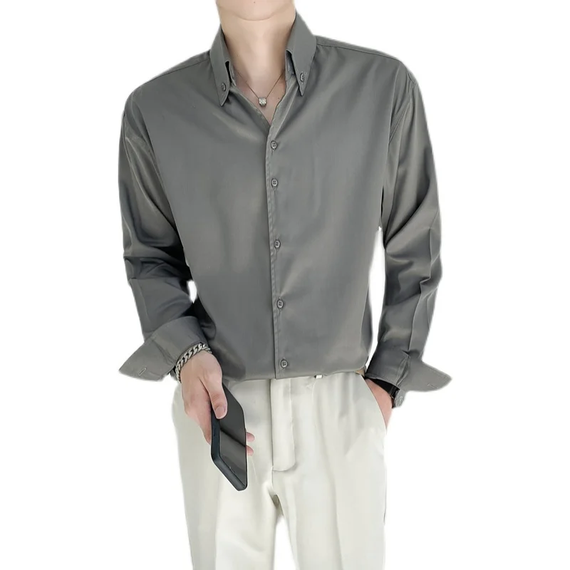 Korean Shirts for Men's 2022 Spring Solid Casual Long Sleeve Shirt High Quality Male Clothing Streetwear Loose Blouse Masculina