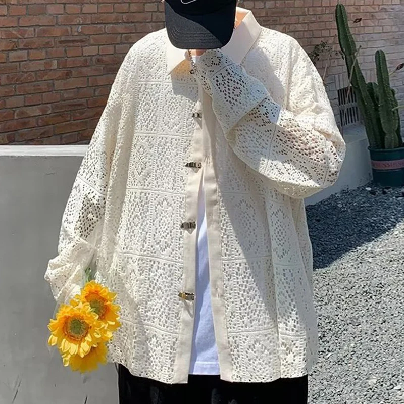 

Мужская трикотажная рубашка с вырезами Y2K, рубашка оверсайз с длинными рукавами, отложным воротником и графической вышивкой, уличная одежда, трендовая одежда