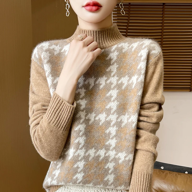 Осенне-зимний свитер из чистой шерсти с полувысоким воротником и сеткой Тысяча