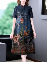 retro printing plus size women dress chinese cheongsam loose medium and long short sleeves
