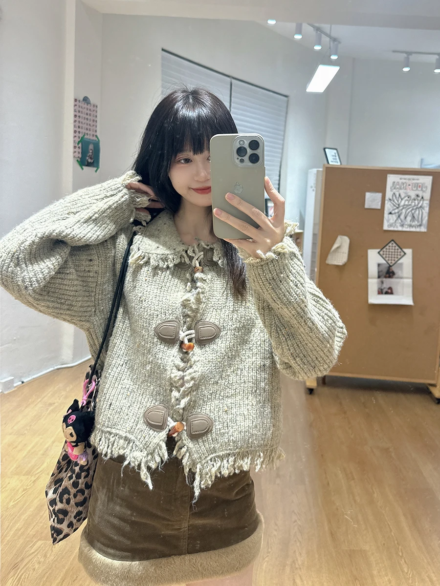 Aiaiwan 2024 корейский вязаный кардиган из альпаки в стиле ретро с кисточками и