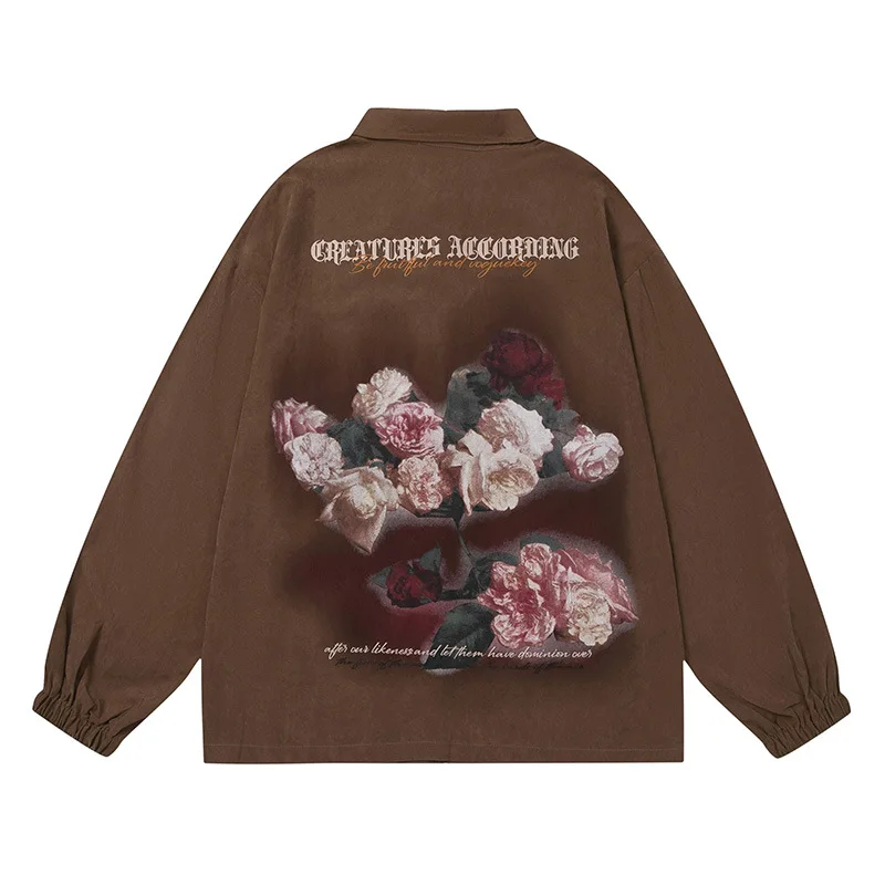 Original tide brand European and American high street floral print long-sleeved shirt men's and women's hip-hop loose top 2022