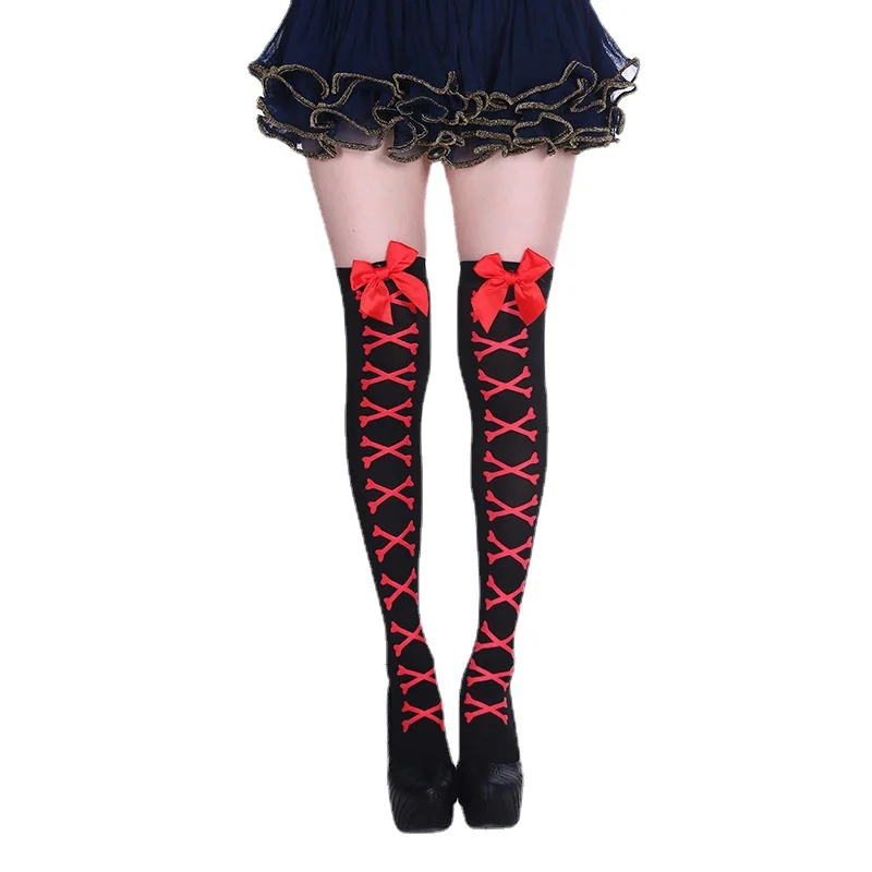 

New Hot Girl Bone Bow Socks Streetwear Girls Black Sweet Cute Pink Y2K Harajuku Lolita Fishnet Stockings Thigh High Stockings
