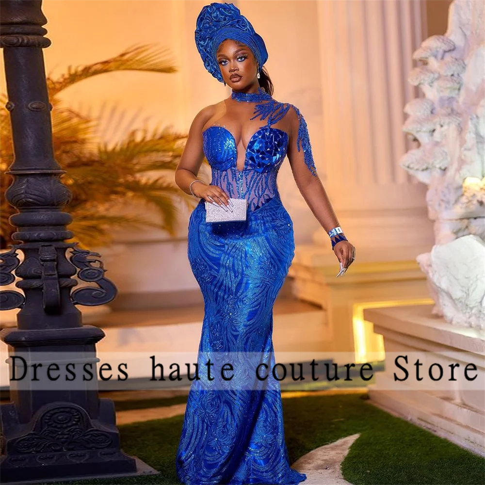 Купи Aso Ebi Style Royal Blue One Shoulder Evening Dresses 2023 African Women Beaded Mermaid Prom Gown Plus Size Custom Made за 9,480 рублей в магазине AliExpress