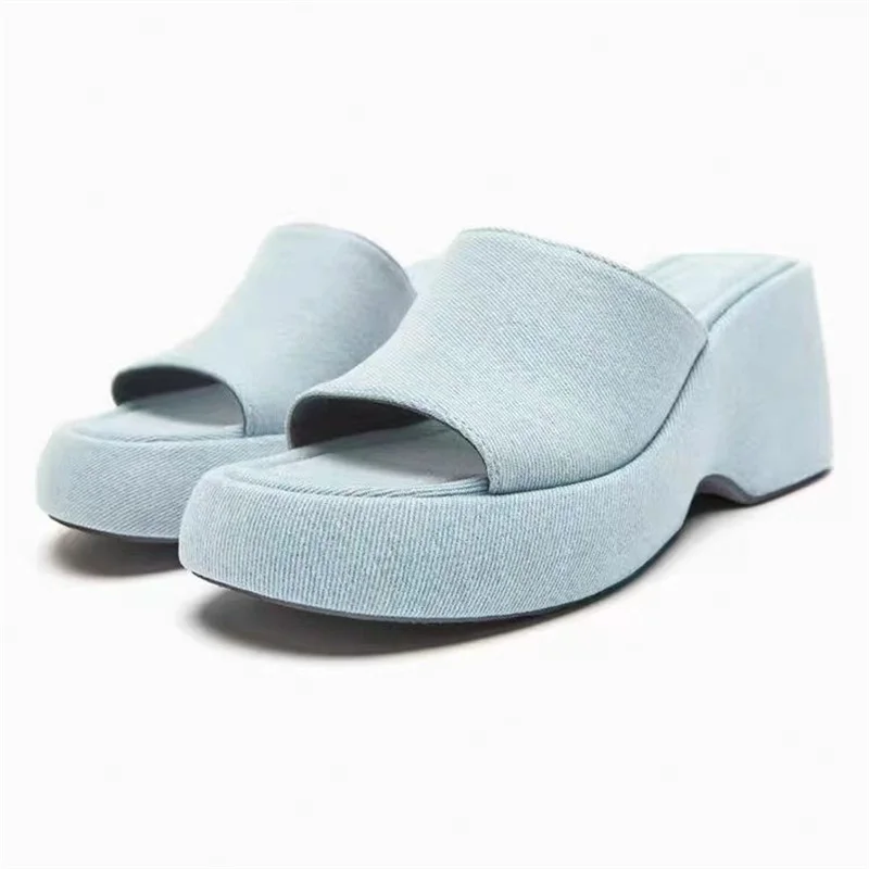 2023 Summer New Style Thick-soled Blue Denim Wedge Sandals Women Increase Height One Word Sandals Lazy Outerwear Women Slippers