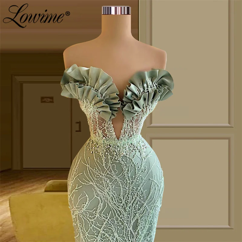 Женское вечернее платье с бисером Lowime зеленое кружевное в арабском стиле