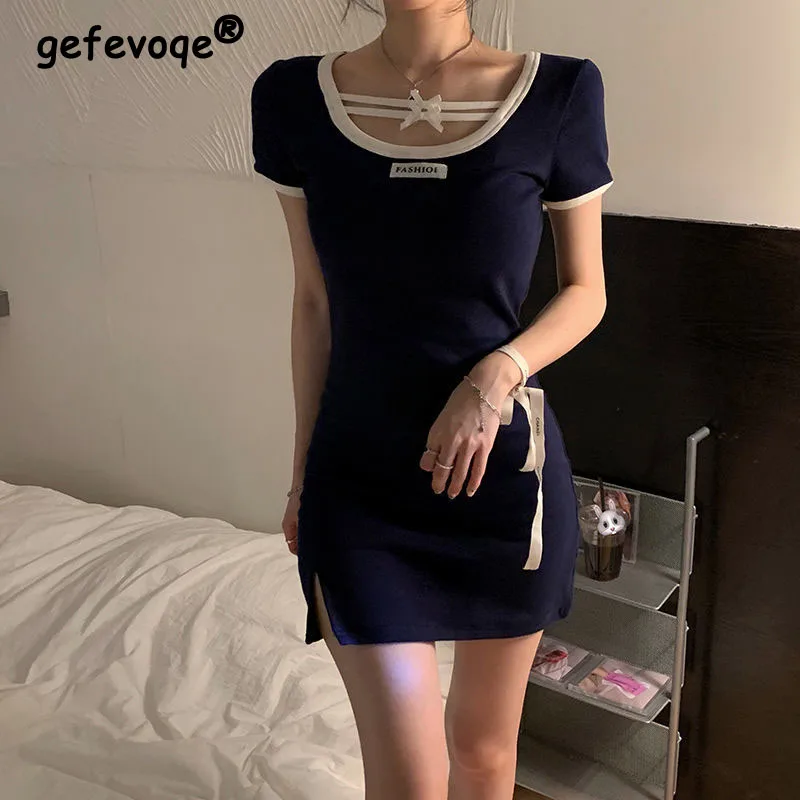 

Women Bow Slim Patchwork Sexy Ladies Clothing Cozy Simple All-match Trendy Leisure Ins College Kawaii Girls Short Sleeve Dresses