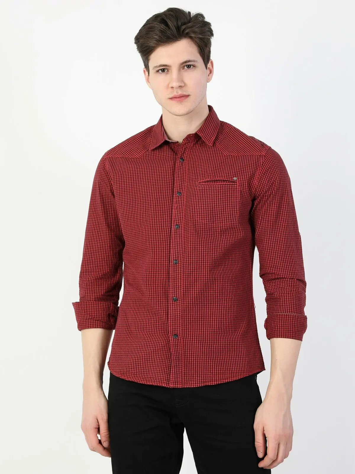 

Colins Men Slim Fit Red Long Sleeve ShirtMale fashion shirt men,CL1028207