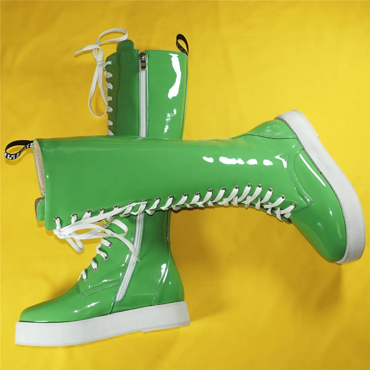 Green Platform Pumps Shoes Women Lace Up Patent Leather Knee High Boots Female Winter Round Toe Fashion Sneakers Casual Shoes