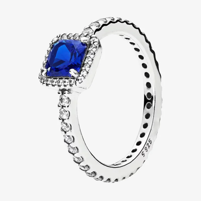 

925 Sterling Silver Pan Ring Blue Square With Large Crystal Cz Ring For Women Wedding Party Gift Fashion Jewelry