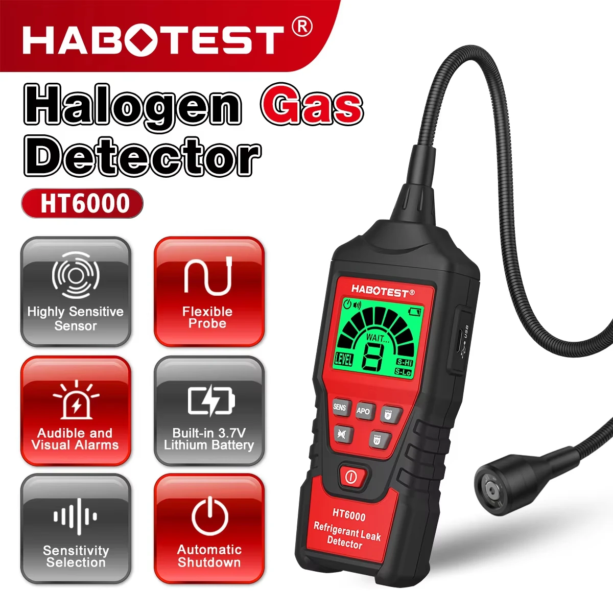 Фото Детектор утечки галогенных газов HABOTEST HT6000 с звуковой и визуальной сигнализацией, высокочувствительный датчик газа, определение местоположения утечки №1