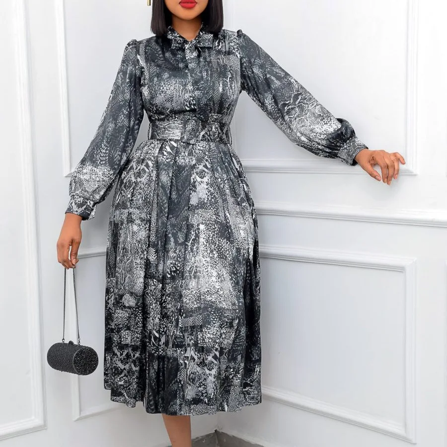 

Vintage Printed Maxi Evening Dress Women Autumn Lapel Collar Boho Floral Dresses Party Elegant Casual Holiday Dress with Belt