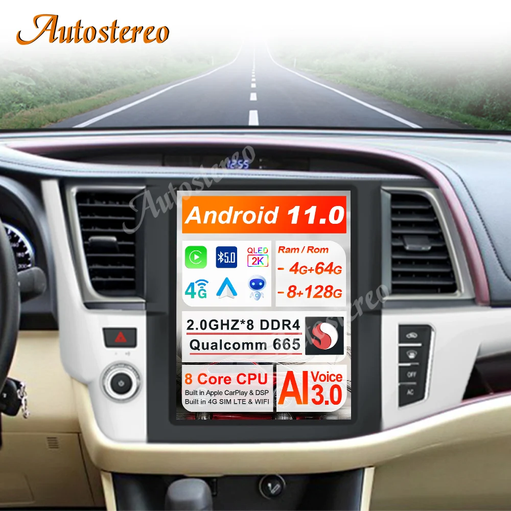Для Toyota Kluger Highlander 2014-2021 Tesla Style Android 11 Автомобильный GPS-навигатор автомобильное