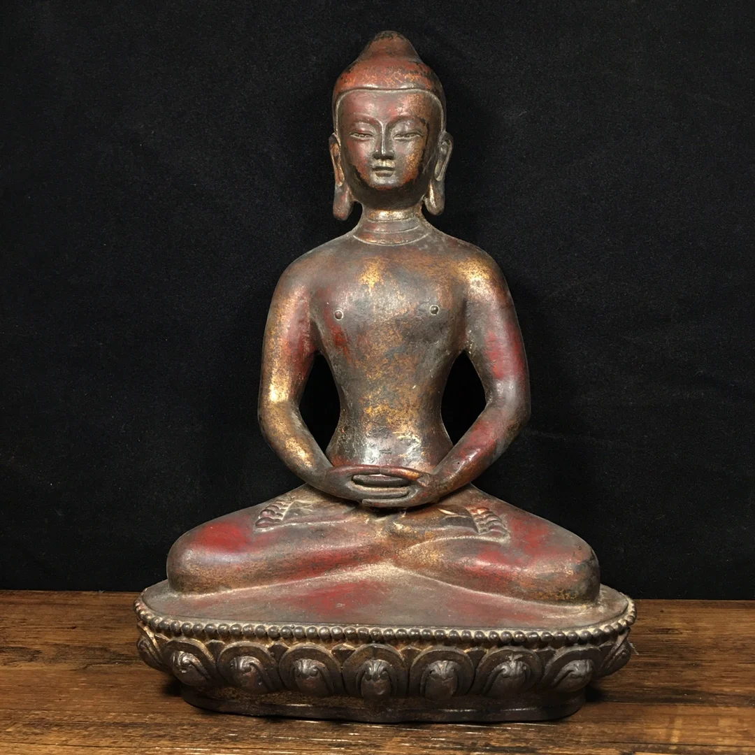 

11" Tibetan Temple Collection Old Bronze Cinnabar mud gold Northern Wei Buddha Amitabha Shakyamuni worship buddha Town house