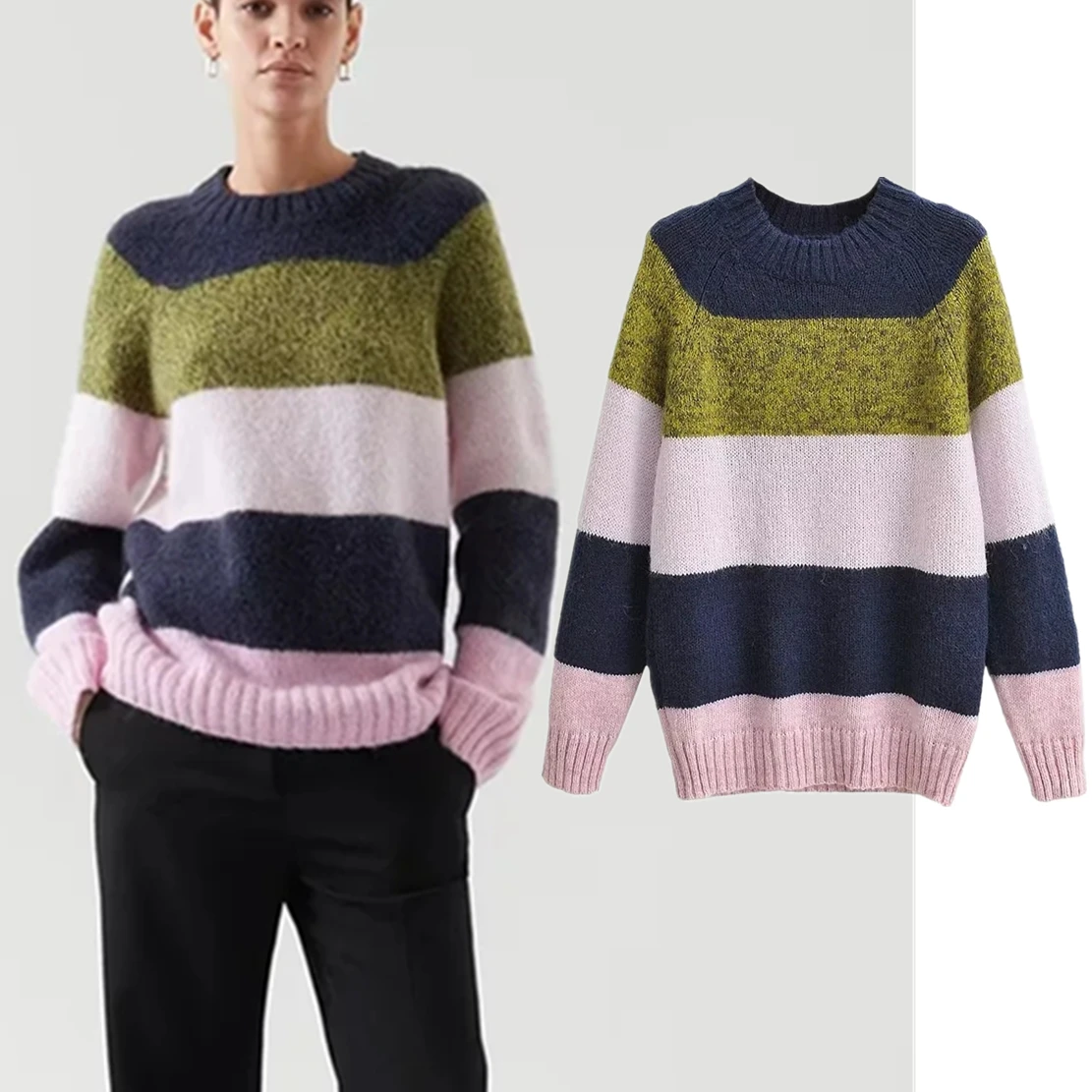 

Elmsk England Style Contrast O-neck Pullovers Tops Fashion Retro Striped Color Loose Sweaters Women