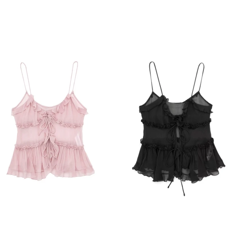 

Новинка лета 2023, привлекательный Прозрачный многослойный декоративный Топ для девушек, модный розовый топ с V-образным вырезом и открытой спиной и бантом