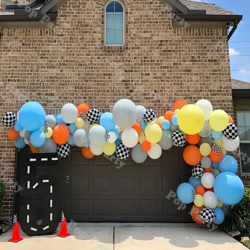

106/148pcs Retro Race Car Themed DIY Balloon Garland Kit Grey White Blue Checkered Balloons Two FastGender Reveal Decorations