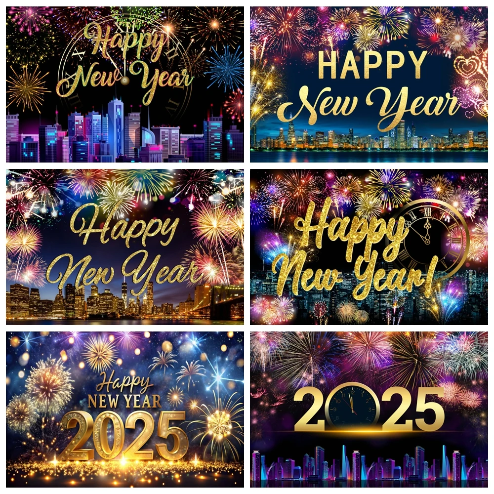 Happy New Year Backdrop for Photography City Night View 2025 Year's Eve Fireworks Clock Family Party Background Deco