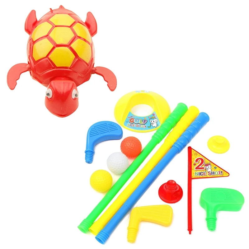 

1 Набор, пластиковые клюшки для гольфа, 3 Шара + 2 футболки + 3 клюшки для гольфа + гольфные отверстия, детская игрушка и 1 шт., плавающая черепаха