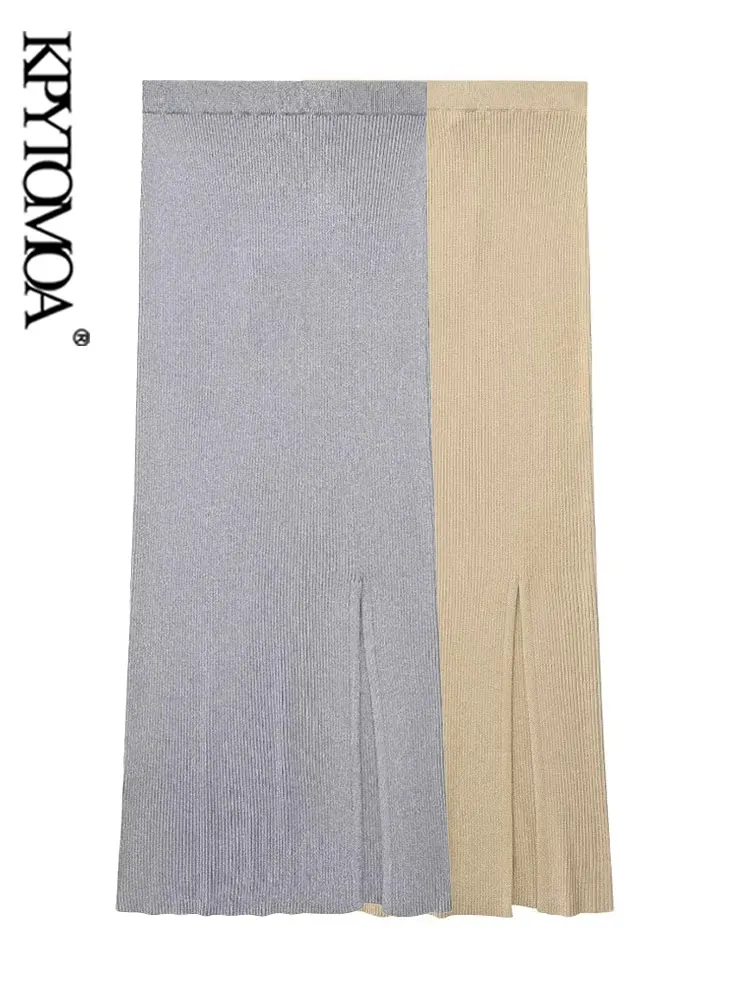 

KPYTOMOA Women Fashion Front Slit Metallic Thread Knit Midi Skirt Vintage High Waist With Elastic Waistband Female Skirts Mujer