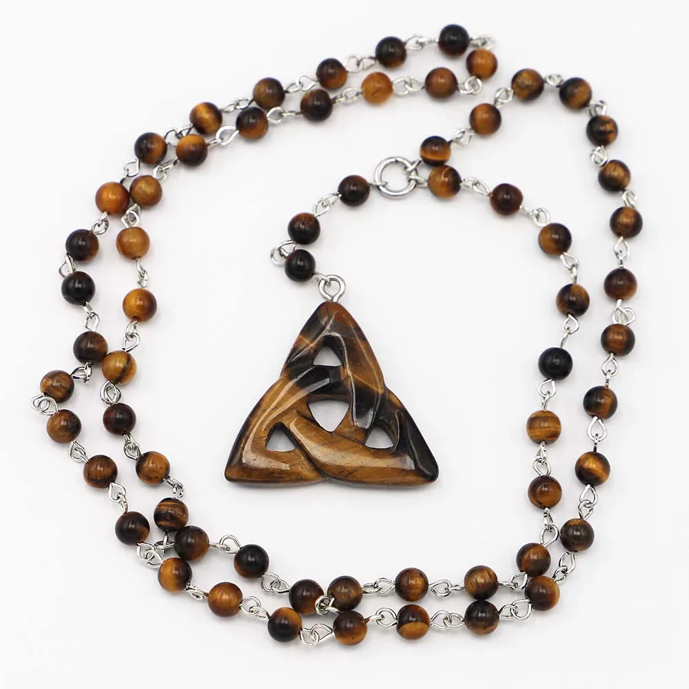 

Natural Tiger Eye Stone Round Beads Openwork Triangle Pendant Necklace Reiki Charm DIY Jewelry Making Accessories Wholesale 3Pcs