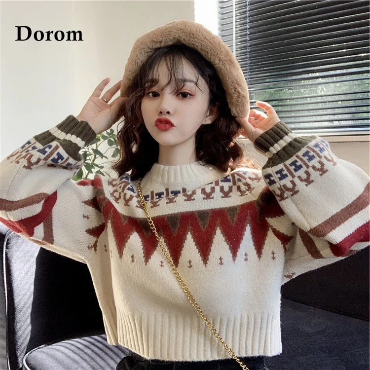 

Autumn Winter Vintage Short Sweater Women Korean All-match O-Neck Loose Pullover Female Korean Style Long Sleeve Casual Knitwear