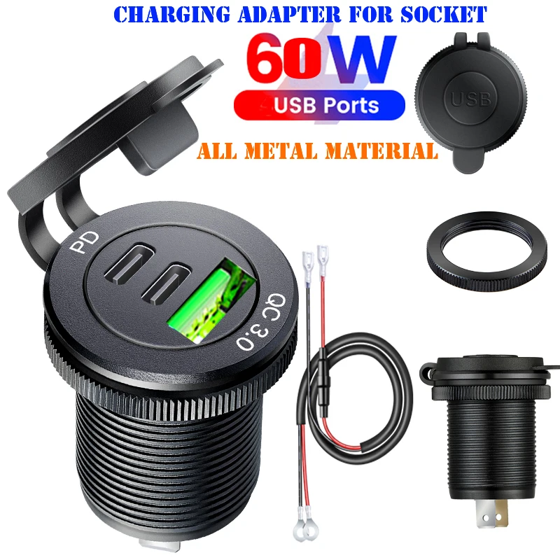 

12 volt usb socket for car plug in Car usb port socket type c Charger QC 3.0 and PD Adapter Power Supply Socket for Phone Mobile