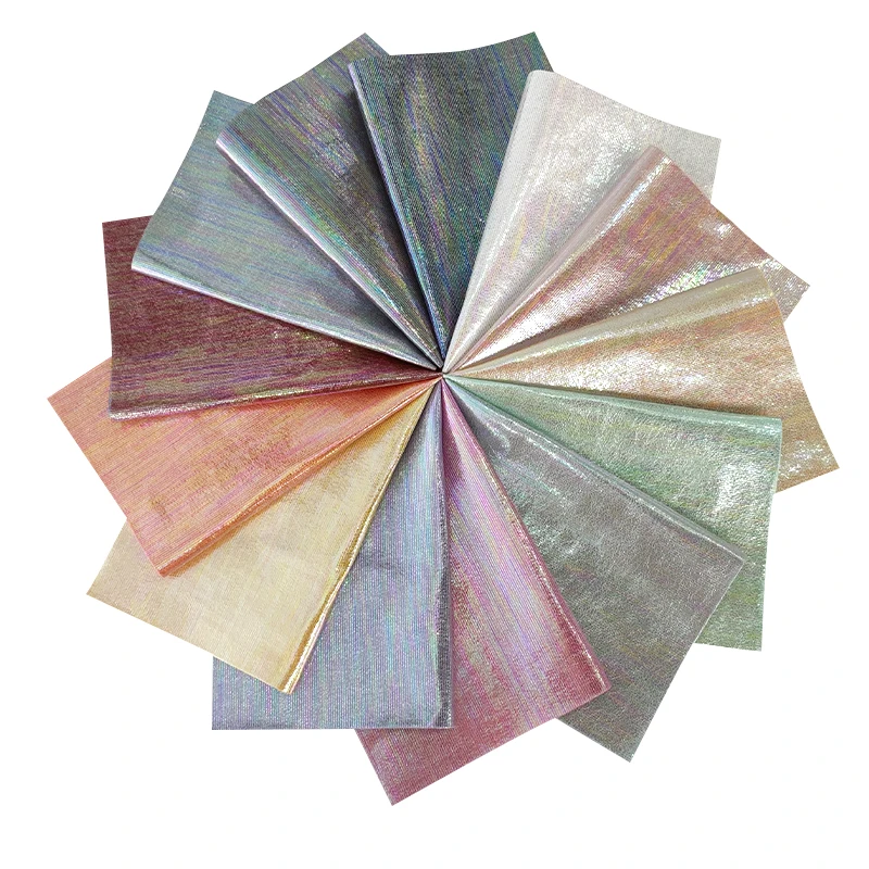 

XHT-411207 Metallic Holographic Crack Design Mirror Colorful PU Soft Thin Leather Fabric Cotton Back for Making Shoe Bag