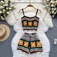 knitted 2 pieces sets womens outfits vintage sleeveless tank tops hollow out high waist shorts woman short suits dropshipping