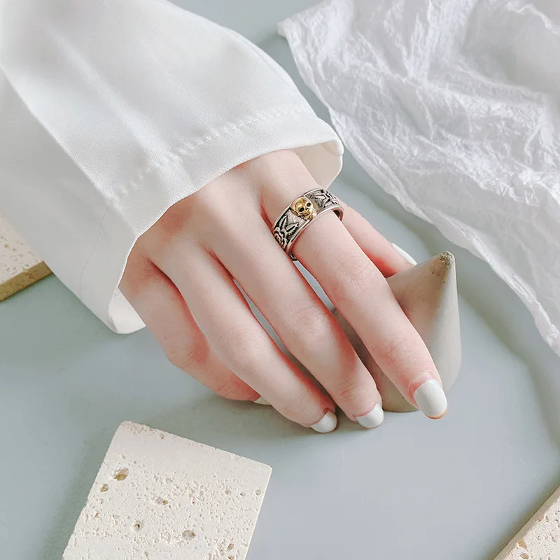 

Женское регулируемое кольцо в ретро-стиле, серебристое простое Открытое кольцо в винтажном стиле с изображением черепа розы, корейские акс...