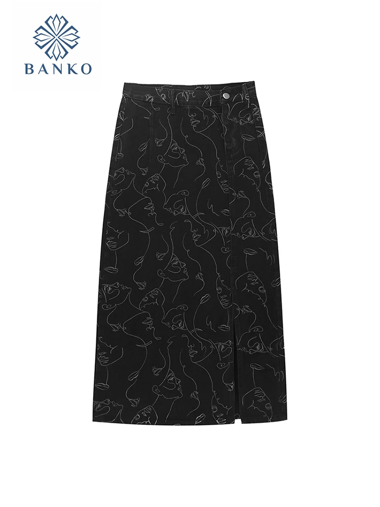 

Модная черная джинсовая юбка в стиле Харадзюку, Женская юбка-трапеция с разрезом и принтом, Готическая Корейская шикарная уличная одежда с высокой талией в американском ретро-стиле