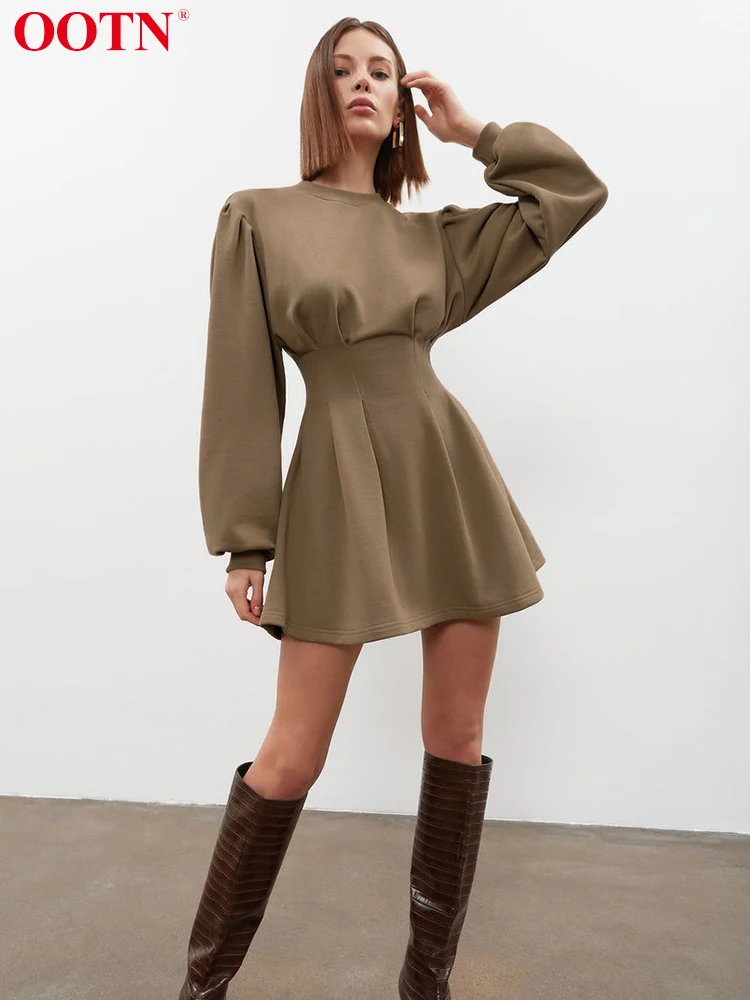 

Женское платье-рубашка с круглым вырезом OOTN, элегантное коричневое платье трапециевидной формы с длинным рукавом и высокой талией на молни...