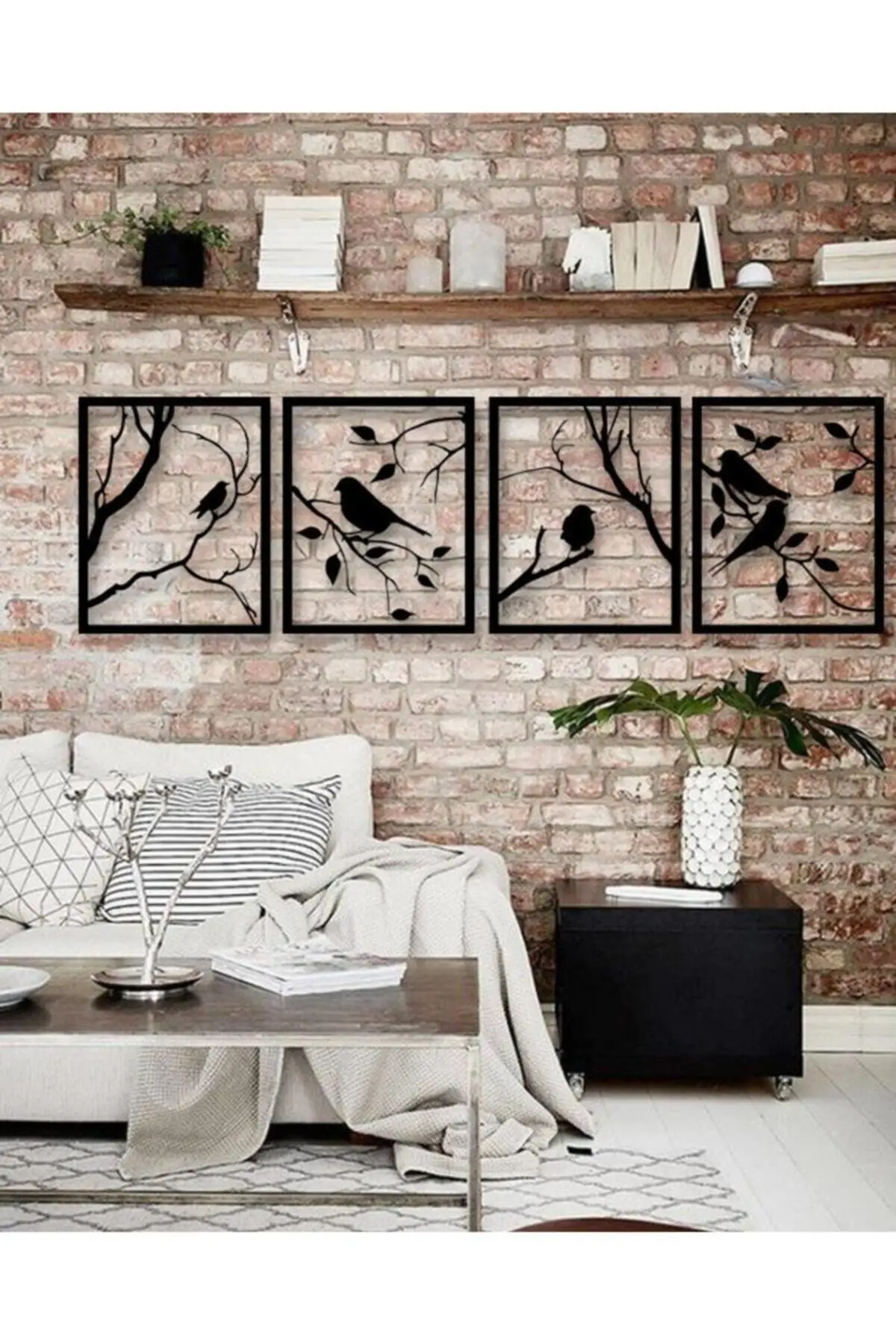 

Bird And Tree Design Wall Decor Picture 4PCS Set Black Wood Laser Cut Sticker Ornament Painting Home Office Room Luxury Design