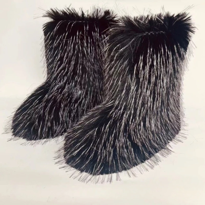 

2024 New Furry Boots Winter Velvet Flat Heel Mid-calf Boots Fashionable Snow Boots for Women Dropshipping for Christmas