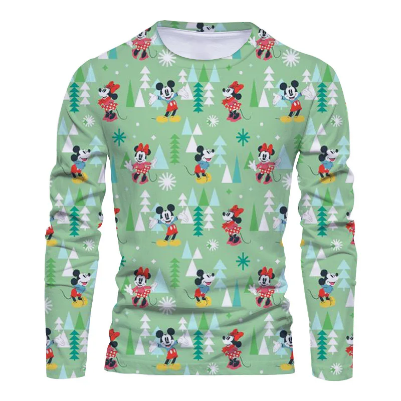 New Christmas Disney Brand Mickey and Minnie Anime 3D Printing Fashion Casual Trend Men's Round Neck Long Sleeve T-Shirt