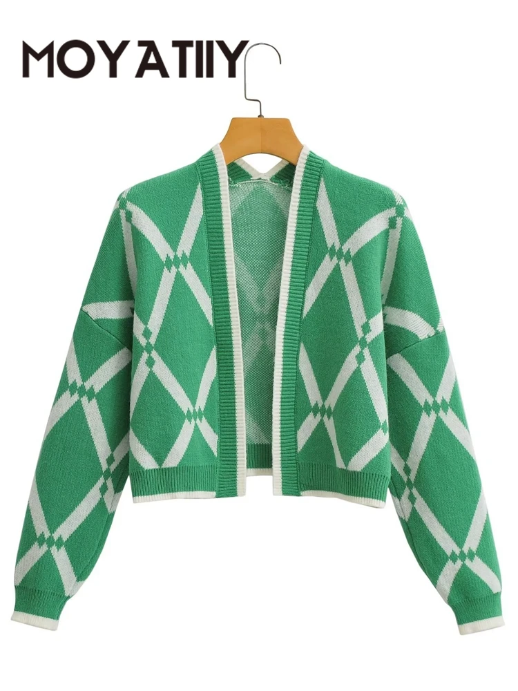 

MOYATIIY Women 2022 Fashion Spring Cardigan Plaid Loose Crop Cardigan Sweaters Vintage Jumper Female Knitted Overcoats