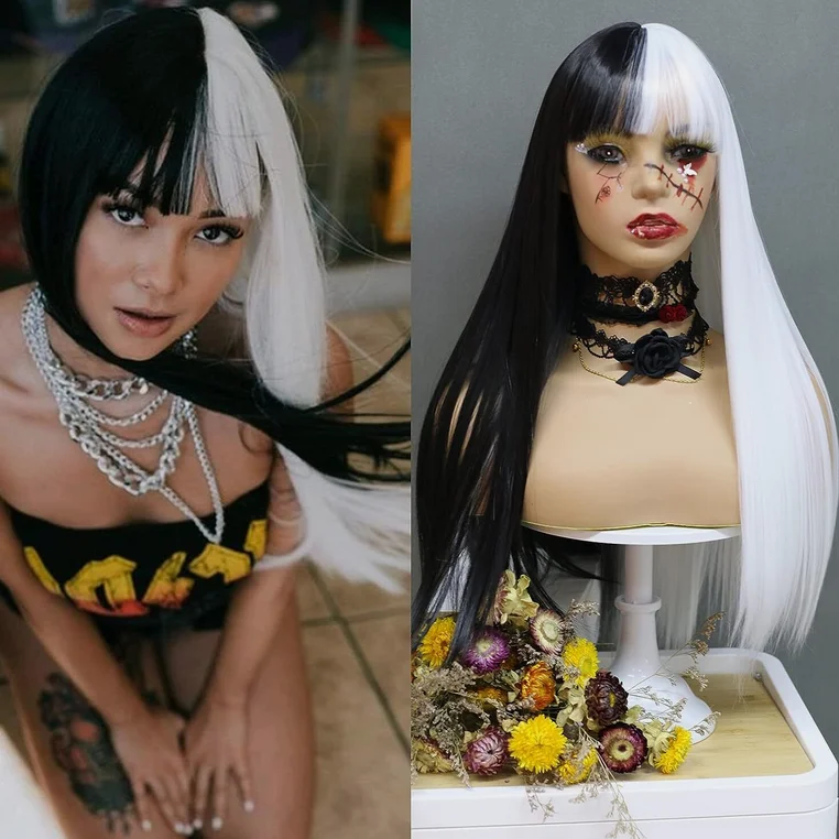 Длинные прямые получерные и полубелые парики термостойкие волосы для Хэллоуина