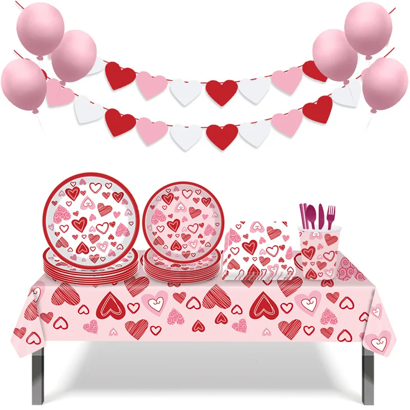 

Party Decoration Disposable Tableware Set Red Heart Plate Cup Tablecloth Girl Adult Birthday Wedding Valentine Party Supplies