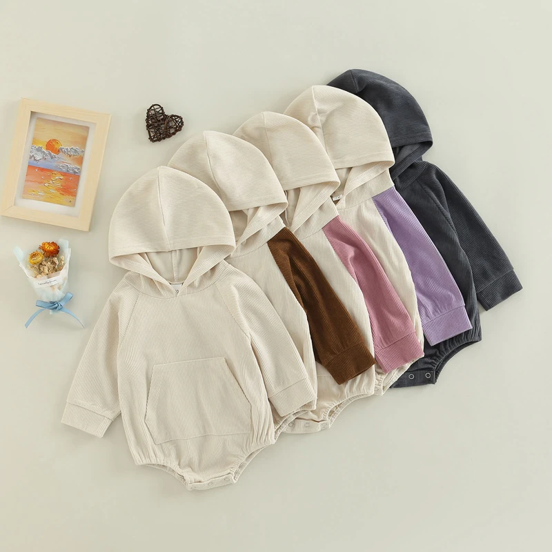 

Infant Baby Boy Girls Long Sleeve Bodysuits Solid Color/ Patchwork Hooded Jumpsuit with Kangaroo Pocket Autumn Spring Clothes