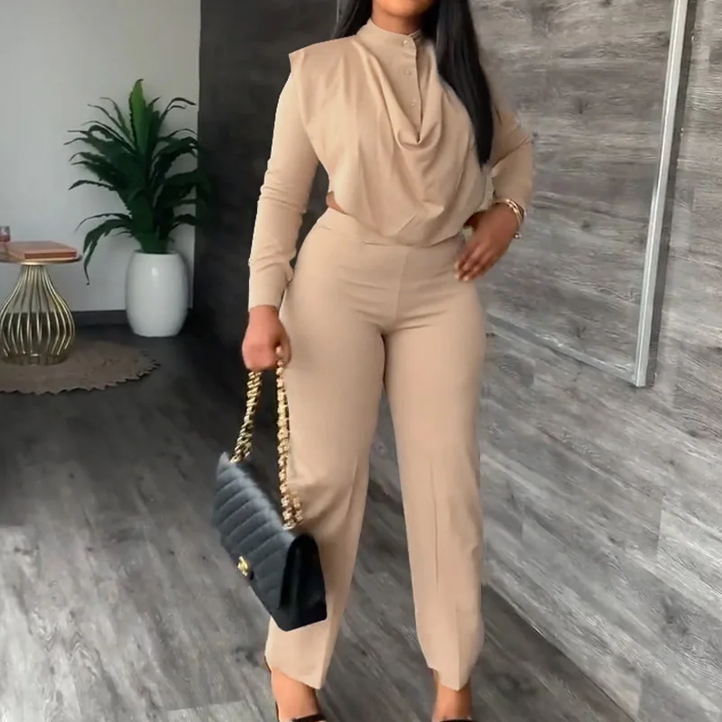 

Women Solid Commuter Two Piece Suit Fashion Stand Collar Button Vest Shirt+ Long Pants Suit Autumn Fashion Long Sleeve Slim Suit