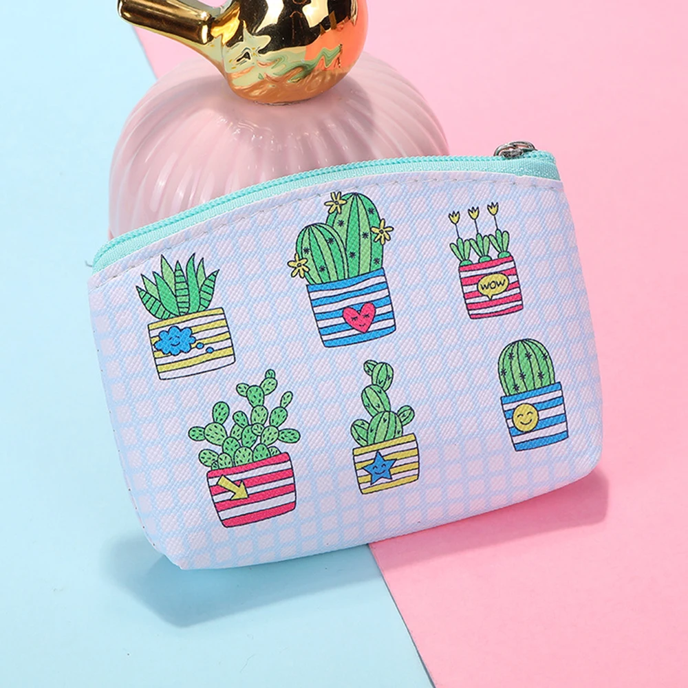 Hot 1PCS Women PU Zipper Small Coin Bags Cactus Printing Fresh Mini Coin Holder Purses Girl Children's Wallet Key Purse Pouch