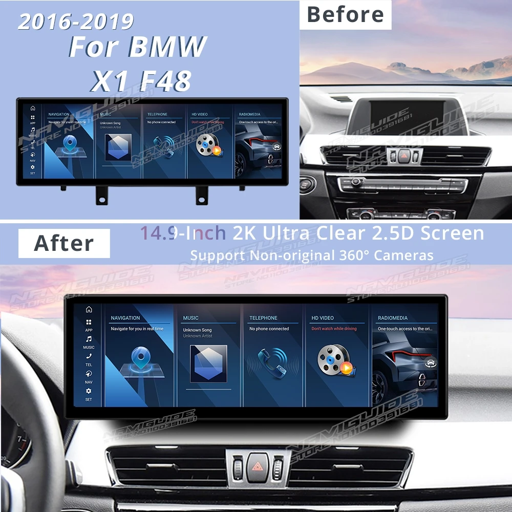 NAVIGUIDE 14 9 'ɸ + 128G Android13 Беспроводной для BMW 1X F48 NBT/EVO LHD 2016-2019 CarPlay Автомобильный